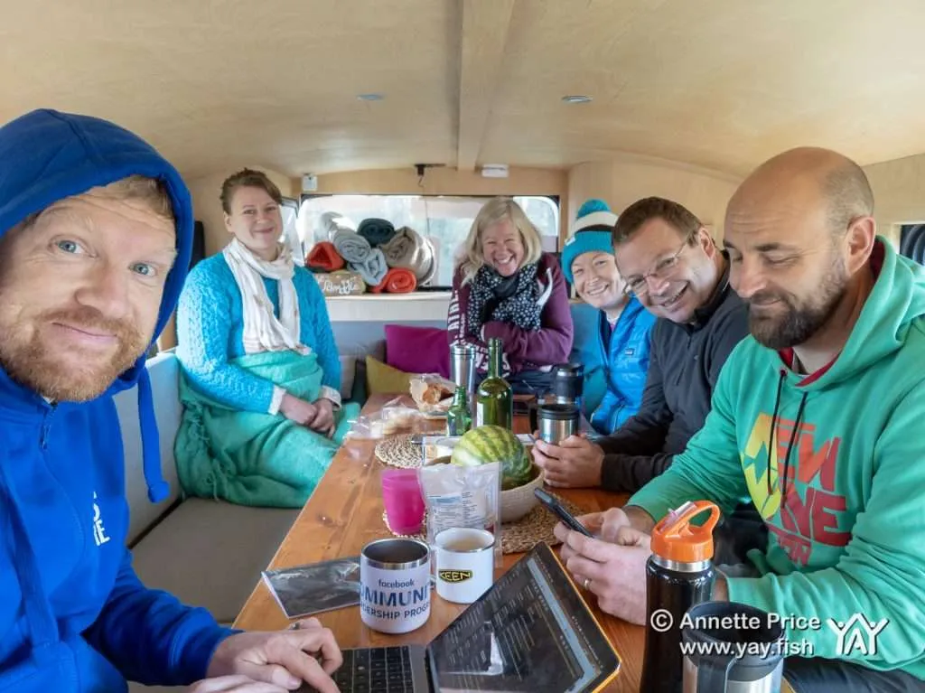 Wild Camping Course. How to camp anywhere. 15 Around the breakfast table. Dave Cornthwaite (left). Wild camping course at the Yes Bus. Part of Say Yes More. West Sussex, UK.